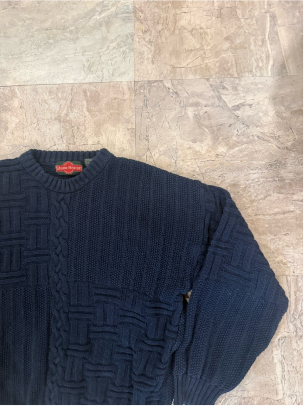 VTG 90s Stone Haven Mens Chunky Cable Knit Navy Crew Neck Sweater Navy XL